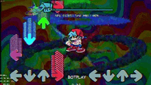a cartoon character is playing a video game on a computer screen with arrows pointing in different directions .