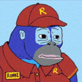 a cartoon gorilla wearing a red hat and a red shirt with the name ronke on his chest .
