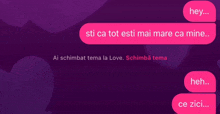 a purple background with hearts and a text message that starts with hey