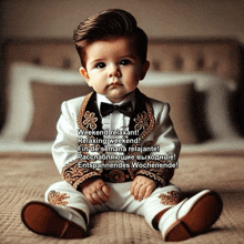 a baby in a tuxedo sits on a bed with the words weekend relaxant written above him