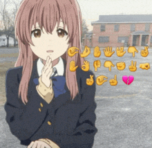 a girl in a school uniform is surrounded by emojis including a broken heart