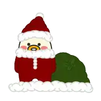 a cartoon character dressed as santa claus is standing next to a green bag of presents