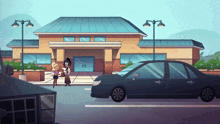 a car is parked in front of a building with two people standing in front of it