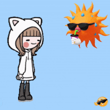 a cartoon of a girl and a sun with hai selamat siang written below it