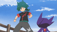 a boy with green hair is standing next to a purple cat