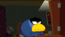 a cartoon bird with a yellow beak and black eyes looks angry