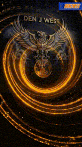 a logo for den j west with an eagle on top of a planet