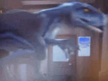 a blue dinosaur is standing in a hallway next to a sign that says no smoking .