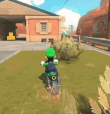 a video game character is riding a motorcycle in a grassy field .