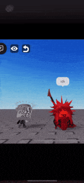 a screenshot of a video game with a red monster and a speech bubble that says " idk "