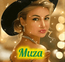 a woman wearing a black hat and a necklace with the name muza