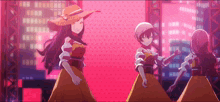 three anime girls are dancing in front of a pink background