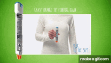 a woman is holding an orange tip pointing down in front of a green background that says make a gif.com