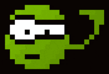 a pixel art of a green monster with white eyes and a black background