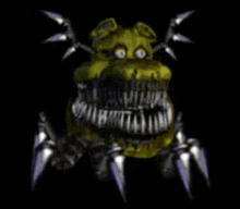 a close up of a nightmare bonnie from five nights at freddy 's with sharp teeth and wings .