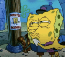 a cartoon spongebob is holding a knife next to a wanted maniac sign