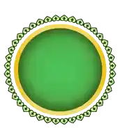 a green circle with a gold border and hearts around it