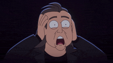 a cartoon of a man with a surprised look on his face and the words " why " below him