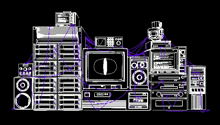 a black and white drawing of a bunch of electronic devices connected to each other .