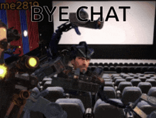 a video game character says bye chat in front of a movie screen
