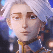 a close up of a cartoon character with white hair