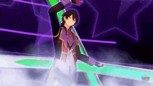 a man in a purple and black outfit is dancing on a stage in a video game .