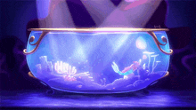 a mermaid is swimming in a blue bowl