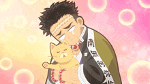 a man with a bandage on his head holds a cat