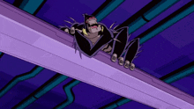 a cartoon character with braces on his teeth is standing on a purple beam