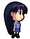 a pixel art drawing of a girl with long black hair and a purple uniform .