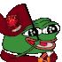 a pixel art of a green frog wearing a red cowboy hat and sunglasses .