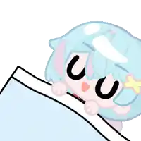 a cartoon drawing of a girl with blue hair and a bow on her head