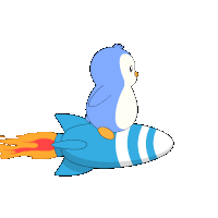 a penguin is sitting on top of a blue rocket