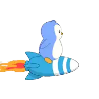 a penguin is sitting on top of a blue rocket