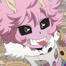 a cartoon character with pink hair and horns is holding a mask