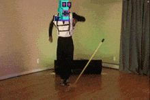 a person with a robot head on their back