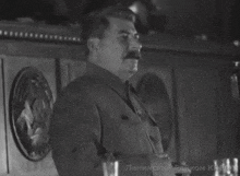 a man with a mustache is standing in front of a wall with a lion on it ..
