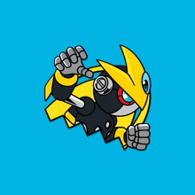a cartoon drawing of a yellow and black robot with a blue background