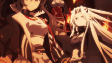 a couple of anime characters standing next to each other with fire in the background