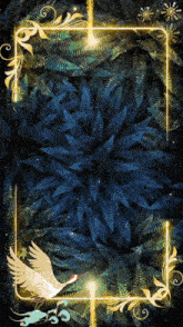 a blue background with a gold frame and a bird in the middle