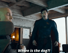 a man in a superman costume asking where is the dog