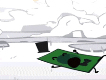a cartoon drawing of a dollar bill laying on the ground with a top hat in the background