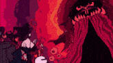 a group of cartoon characters are standing in front of a monster with a large mouth