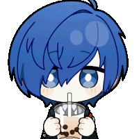a cartoon of a person with blue hair drinking from a cup