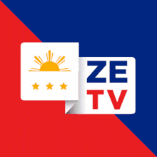 the logo for ze tv has a sun and three stars on it