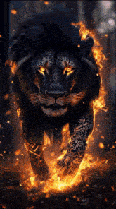 a black lion with a tattoo on its arm is surrounded by fire .