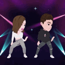 a man and a woman are dancing in front of a stage