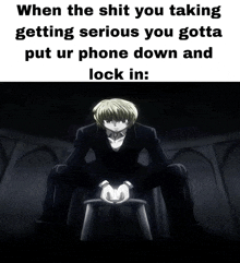a man in a suit is sitting on a stool with the words when the shit you taking