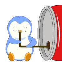 a blue and white penguin is holding a straw next to a red can