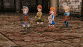 a group of cartoon characters standing on a tile floor